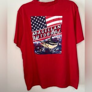 Magellan Tshirt Men’s Size Large Red With USA Flag And Blue Marlin Sailfish